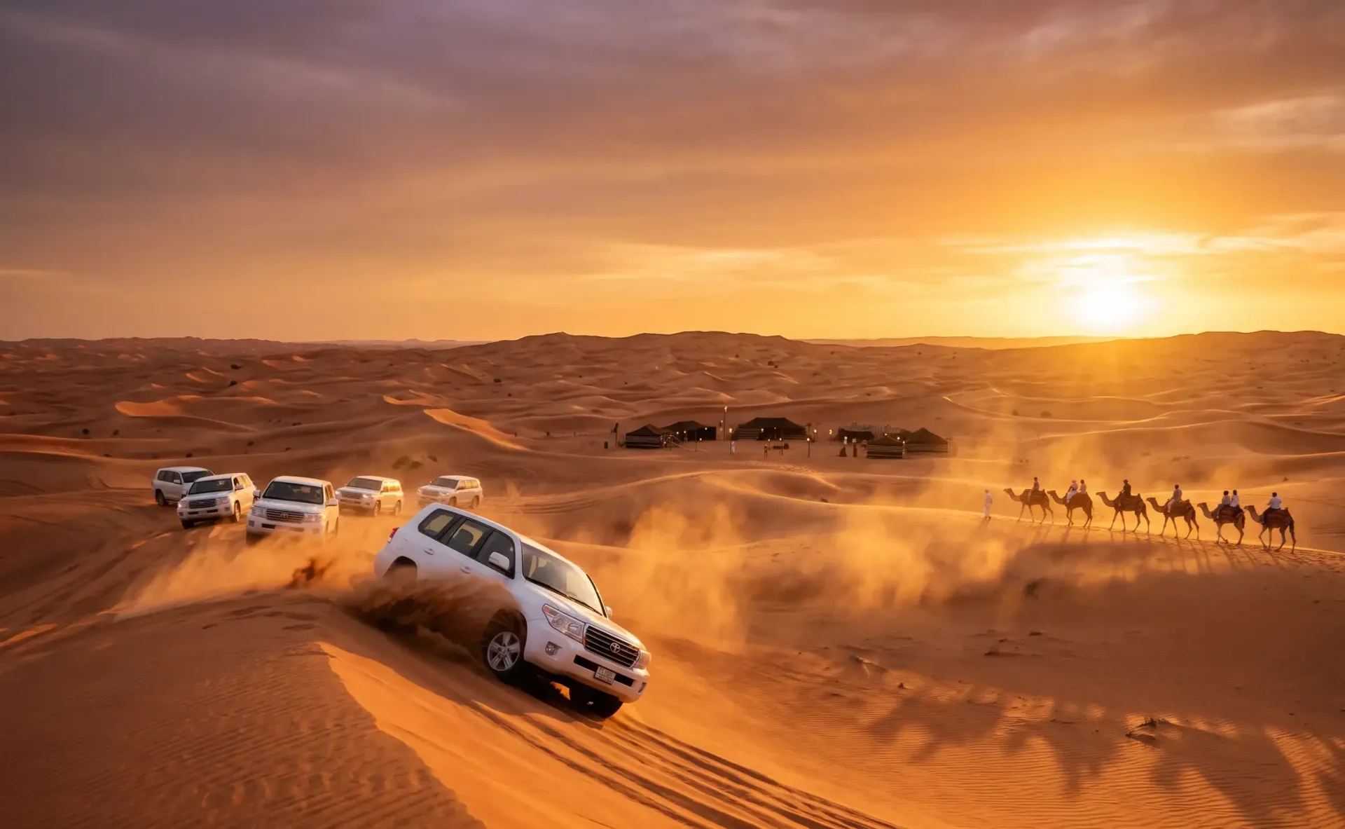Dubai Desert Safari with BBQ Dinner: Dune Bashing, Camel Ride, Sunset and Live Shows
